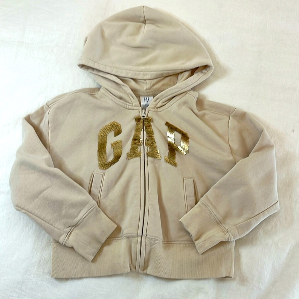 Girls Gap Beige Gold/Rainbow Sequin Logo Hoodie Size Medium (8)